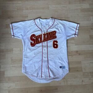 Russell Athletic Skyline Baseball Jersey Mens Size 44 White Red Gold Button Up